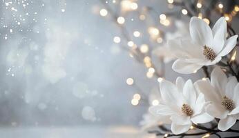 Delicate white flowers against a softly blurred background with twinkling lights photo