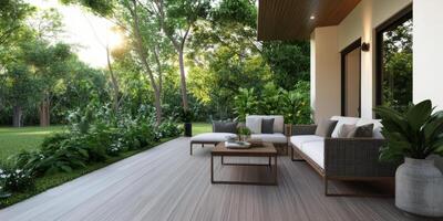 Stylish outdoor living area featuring comfortable seating and lush greenery in a tranquil setting photo