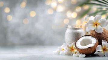 Fresh coconut with flowers and milk on a neutral background in a tropical setting photo