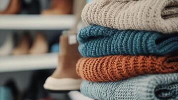 Stacks of cozy sweaters arranged neatly on a wooden shelf in a retail clothing store photo