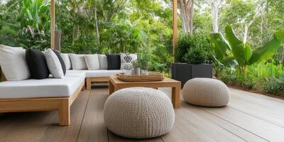 Stylish outdoor living area featuring comfortable seating and lush greenery in a tranquil setting photo