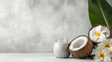 Fresh coconut with flowers and milk on a neutral background in a tropical setting photo