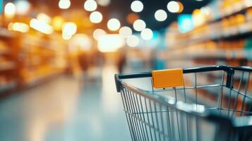 Shopping cart in a grocery store aisle with blurred shelves and vibrant lights during the day photo