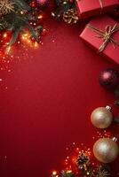Festive arrangement of Christmas ornaments, a gift box, and snowflakes on a vibrant red background photo