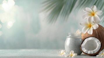 Fresh coconut with flowers and milk on a neutral background in a tropical setting photo