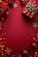 Festive arrangement of Christmas ornaments, a gift box, and snowflakes on a vibrant red background photo