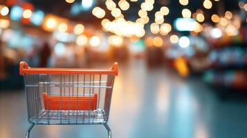 Shopping cart in a grocery store aisle with blurred shelves and vibrant lights during the day photo