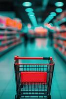 Shopping cart in a grocery store aisle filled with colorful product packages during the day photo