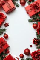 Red Christmas gifts and ornaments beautifully arranged on a white background for celebrations photo