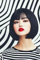 Young woman with striking makeup poses against a bold black and white striped background photo