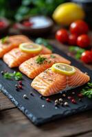 Fresh salmon fillets garnished with lemon slices and herbs on a rustic wooden table photo