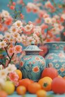 Vibrant still life of decorative vases with blossoms and fruits set against a blue background photo