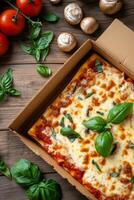 Delicious cheese pizza topped with mushrooms and fresh basil in a takeout box on wooden table photo