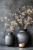 Black vases with dried flowers on a textured dark background in a minimalist style photo