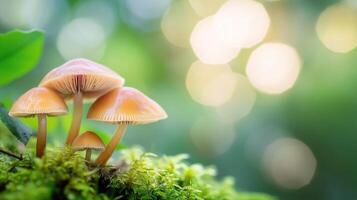 Delicate pink mushrooms growing on moss under soft sunlight in a lush forest setting photo