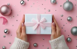 Christmas gift wrapping with silver accents surrounded by ornaments on a pink background photo