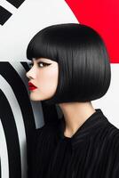 Young woman with striking makeup poses against a bold black and white striped background photo