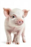 Cute baby piglet with shining eyes looking playfully at the camera on a light background photo