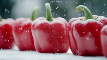 Fresh red bell peppers on a snowy surface in a winter setting creating a vibrant contrast photo