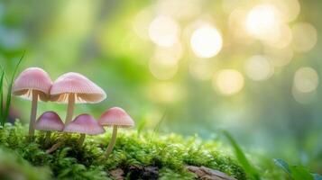 Delicate pink mushrooms growing on moss under soft sunlight in a lush forest setting photo