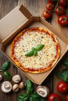 Delicious cheese pizza topped with mushrooms and fresh basil in a takeout box on wooden table photo