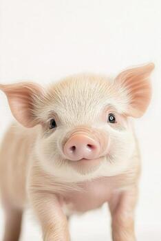 Cute baby piglet with shining eyes looking playfully at the camera on a light background photo