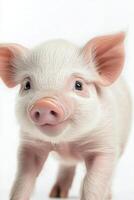 Cute baby piglet with shining eyes looking playfully at the camera on a light background photo