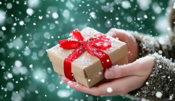 A person holding a beautifully wrapped gift in a snowy outdoor setting during winter festivities photo