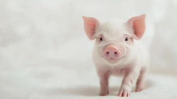 A young piglet explores its surroundings on a sunny day in a serene farm setting photo