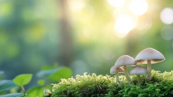 Delicate pink mushrooms growing on moss under soft sunlight in a lush forest setting photo