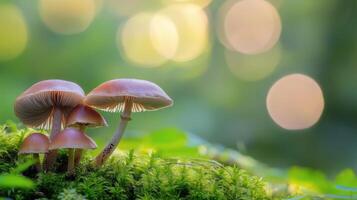 Delicate pink mushrooms growing on moss under soft sunlight in a lush forest setting photo
