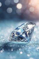 Sparkling diamond placed on shimmering surface with soft bokeh background effects during daylight photo