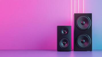 Stylish audio speakers illuminated by colorful neon lights in a modern setting photo
