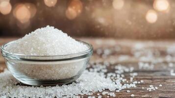 Freshly poured salt in a glass bowl on a rustic wooden table at home in natural lighting photo