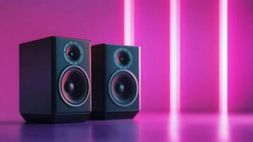 Stylish audio speakers illuminated by colorful neon lights in a modern setting photo