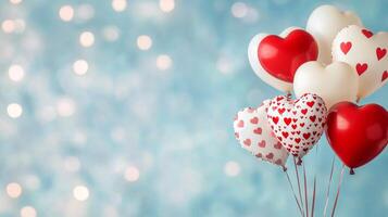 Colorful heart-shaped balloons floating gently against a soft blue background photo
