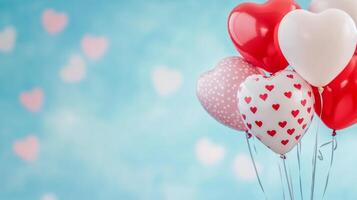 Colorful heart-shaped balloons floating gently against a soft blue background photo