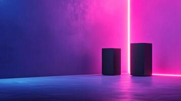 Stylish audio speakers illuminated by colorful neon lights in a modern setting photo