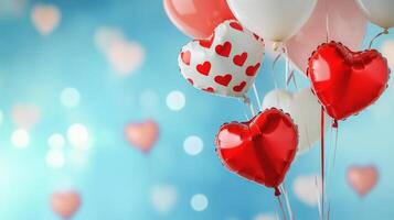 Colorful heart-shaped balloons floating gently against a soft blue background photo