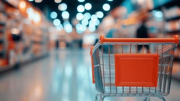 Shopping cart in a grocery store aisle with blurred shelves and vibrant lights during the day photo