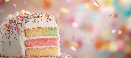 Colorful celebration cake with layers of pink, yellow, and green and vibrant confetti falling photo