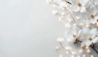 Delicate white flowers against a softly blurred background with twinkling lights photo