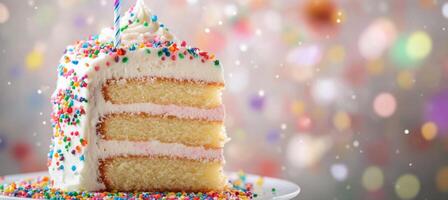 Colorful celebration cake with layers of pink, yellow, and green and vibrant confetti falling photo