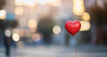 A red heart-shaped balloon floating amidst twinkling lights on a festive night photo