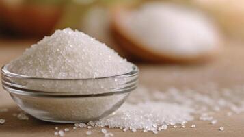 Freshly poured salt in a glass bowl on a rustic wooden table at home in natural lighting photo