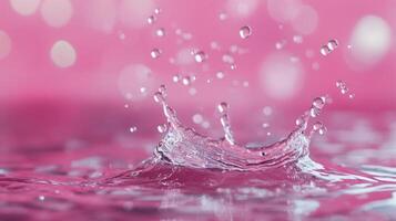 Water droplet splash creating ripples in a soft pink background during daytime photo