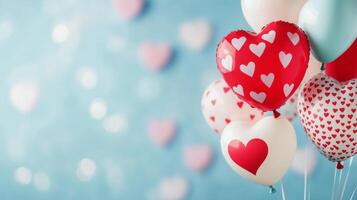 Colorful heart-shaped balloons floating gently against a soft blue background photo
