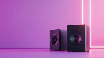 Stylish audio speakers illuminated by colorful neon lights in a modern setting photo
