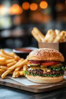 Delicious sesame seed burger with lettuce, tomato, and fries in a casual dining setting photo