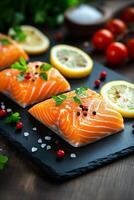 Fresh salmon fillets garnished with lemon slices and herbs on a rustic wooden table photo